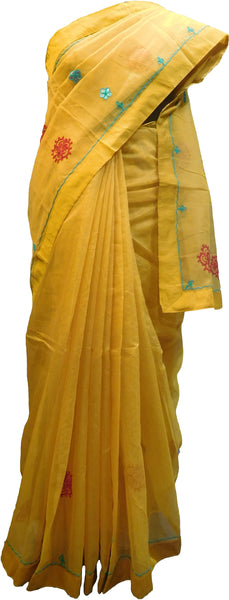 SMSAREE Yellow Designer Wedding Partywear Supernet (Cotton) Thread Hand Embroidery Work Bridal Saree Sari With Blouse Piece F016