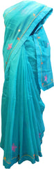 SMSAREE Turquoise Designer Wedding Partywear Supernet (Cotton) Thread Hand Embroidery Work Bridal Saree Sari With Blouse Piece F017