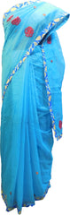SMSAREE Blue Designer Wedding Partywear Supernet (Cotton) Thread Hand Embroidery Work Bridal Saree Sari With Blouse Piece F018