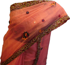SMSAREE Peach Designer Wedding Partywear Supernet (Cotton) Thread Hand Embroidery Work Bridal Saree Sari With Blouse Piece F019