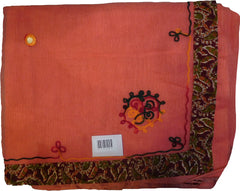 SMSAREE Peach Designer Wedding Partywear Supernet (Cotton) Thread Hand Embroidery Work Bridal Saree Sari With Blouse Piece F019