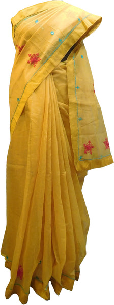 SMSAREE Yellow Designer Wedding Partywear Supernet (Cotton) Thread Hand Embroidery Work Bridal Saree Sari With Blouse Piece F020