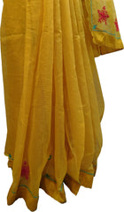 SMSAREE Yellow Designer Wedding Partywear Supernet (Cotton) Thread Hand Embroidery Work Bridal Saree Sari With Blouse Piece F020