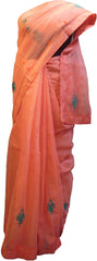 SMSAREE Peach Designer Wedding Partywear Supernet (Cotton) Thread Hand Embroidery Work Bridal Saree Sari With Blouse Piece F021