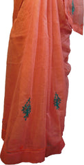 SMSAREE Peach Designer Wedding Partywear Supernet (Cotton) Thread Hand Embroidery Work Bridal Saree Sari With Blouse Piece F021