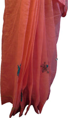 SMSAREE Peach Designer Wedding Partywear Supernet (Cotton) Thread Hand Embroidery Work Bridal Saree Sari With Blouse Piece F023