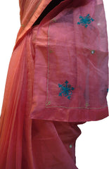 SMSAREE Peach Designer Wedding Partywear Supernet (Cotton) Thread Hand Embroidery Work Bridal Saree Sari With Blouse Piece F023