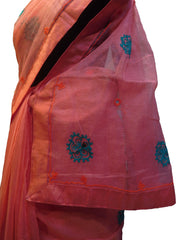 SMSAREE Peach Designer Wedding Partywear Supernet (Cotton) Thread Hand Embroidery Work Bridal Saree Sari With Blouse Piece F024