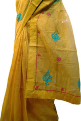 SMSAREE Yellow Designer Wedding Partywear Supernet (Cotton) Thread Hand Embroidery Work Bridal Saree Sari With Blouse Piece F026