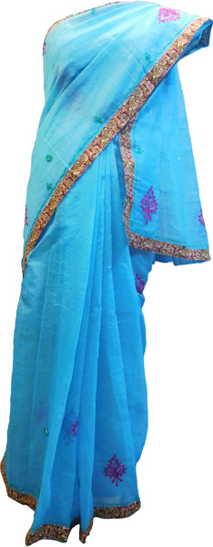 SMSAREE Blue Designer Wedding Partywear Supernet (Cotton) Thread Hand Embroidery Work Bridal Saree Sari With Blouse Piece F027