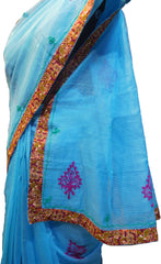 SMSAREE Blue Designer Wedding Partywear Supernet (Cotton) Thread Hand Embroidery Work Bridal Saree Sari With Blouse Piece F027