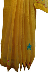 SMSAREE Yellow Designer Wedding Partywear Supernet (Cotton) Thread Hand Embroidery Work Bridal Saree Sari With Blouse Piece F028