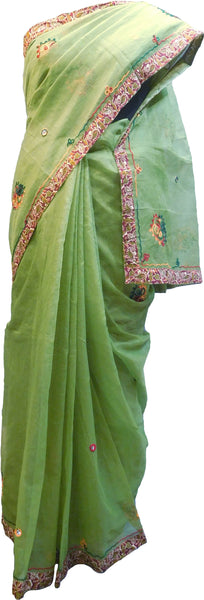 SMSAREE Green Designer Wedding Partywear Supernet (Cotton) Thread Hand Embroidery Work Bridal Saree Sari With Blouse Piece F029