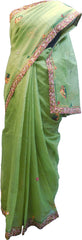 SMSAREE Green Designer Wedding Partywear Supernet (Cotton) Thread Hand Embroidery Work Bridal Saree Sari With Blouse Piece F029
