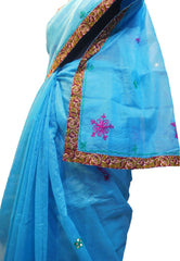 SMSAREE Blue Designer Wedding Partywear Supernet (Cotton) Thread Hand Embroidery Work Bridal Saree Sari With Blouse Piece F030