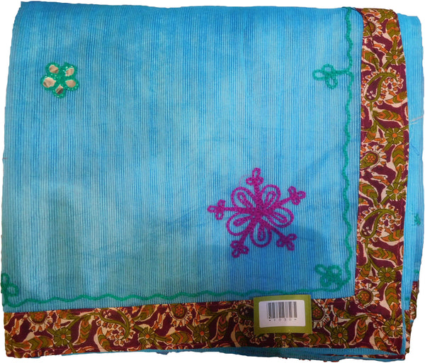 SMSAREE Blue Designer Wedding Partywear Supernet (Cotton) Thread Hand Embroidery Work Bridal Saree Sari With Blouse Piece F030