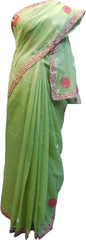 SMSAREE Green Designer Wedding Partywear Supernet (Cotton) Thread Hand Embroidery Work Bridal Saree Sari With Blouse Piece F031