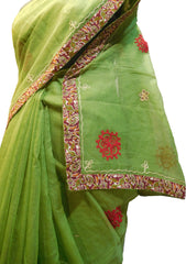SMSAREE Green Designer Wedding Partywear Supernet (Cotton) Thread Hand Embroidery Work Bridal Saree Sari With Blouse Piece F031