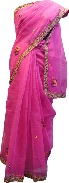 SMSAREE Pink Designer Wedding Partywear Supernet (Cotton) Thread Hand Embroidery Work Bridal Saree Sari With Blouse Piece F033