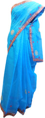 SMSAREE Blue Designer Wedding Partywear Supernet (Cotton) Thread Hand Embroidery Work Bridal Saree Sari With Blouse Piece F034
