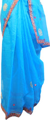 SMSAREE Blue Designer Wedding Partywear Supernet (Cotton) Thread Hand Embroidery Work Bridal Saree Sari With Blouse Piece F034