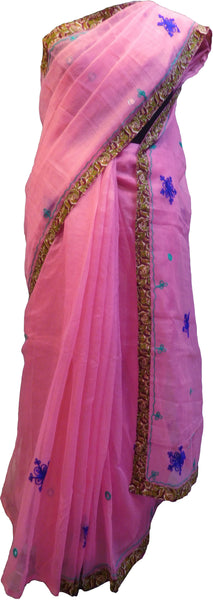 SMSAREE Pink Designer Wedding Partywear Supernet (Cotton) Thread Hand Embroidery Work Bridal Saree Sari With Blouse Piece F035