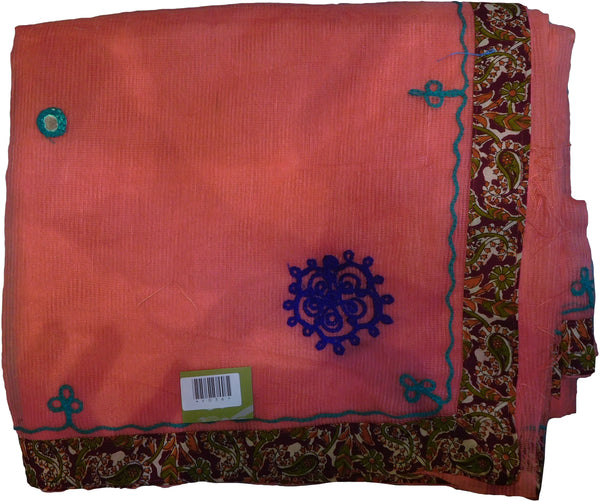 SMSAREE Pink Designer Wedding Partywear Supernet (Cotton) Thread Hand Embroidery Work Bridal Saree Sari With Blouse Piece F036