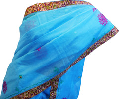 SMSAREE Blue Designer Wedding Partywear Supernet (Cotton) Thread Hand Embroidery Work Bridal Saree Sari With Blouse Piece F037