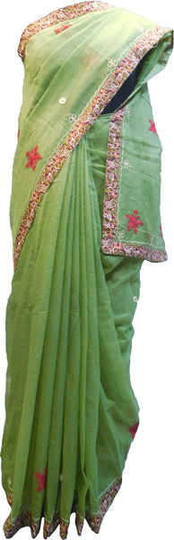 SMSAREE Green Designer Wedding Partywear Supernet (Cotton) Thread Hand Embroidery Work Bridal Saree Sari With Blouse Piece F039