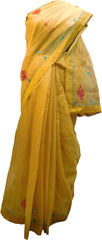 SMSAREE Yellow Designer Wedding Partywear Supernet (Cotton) Thread Hand Embroidery Work Bridal Saree Sari With Blouse Piece F040