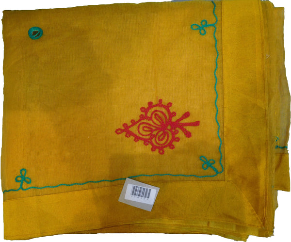 SMSAREE Yellow Designer Wedding Partywear Supernet (Cotton) Thread Hand Embroidery Work Bridal Saree Sari With Blouse Piece F040