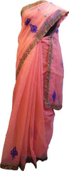 SMSAREE Peach Designer Wedding Partywear Supernet (Cotton) Thread Hand Embroidery Work Bridal Saree Sari With Blouse Piece F041