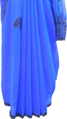 SMSAREE Blue Designer Wedding Partywear Georgette Thread & Stone Hand Embroidery Work Bridal Saree Sari With Blouse Piece F045