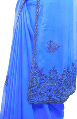 SMSAREE Blue Designer Wedding Partywear Georgette Thread & Stone Hand Embroidery Work Bridal Saree Sari With Blouse Piece F045