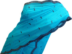 SMSAREE Turquoise Designer Wedding Partywear Georgette Thread & Stone Hand Embroidery Work Bridal Saree Sari With Blouse Piece F046