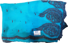 SMSAREE Turquoise Designer Wedding Partywear Georgette Thread & Stone Hand Embroidery Work Bridal Saree Sari With Blouse Piece F046