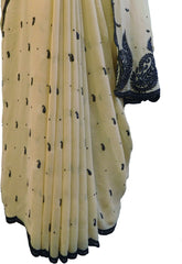 SMSAREE Beige Designer Wedding Partywear Georgette Thread & Stone Hand Embroidery Work Bridal Saree Sari With Blouse Piece F047