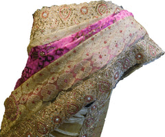 SMSAREE Pink & Beige Designer Wedding Partywear Brasso & Net Zari Thread & Stone Hand Embroidery Work Bridal Saree Sari With Blouse Piece F048
