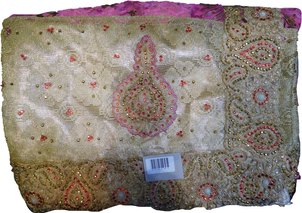 SMSAREE Pink & Beige Designer Wedding Partywear Brasso & Net Zari Thread & Stone Hand Embroidery Work Bridal Saree Sari With Blouse Piece F048