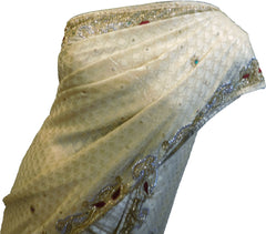 SMSAREE Cream Designer Wedding Partywear Brasso CutdanaThread & Stone Hand Embroidery Work Bridal Saree Sari With Blouse Piece F049