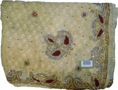 SMSAREE Cream Designer Wedding Partywear Brasso CutdanaThread & Stone Hand Embroidery Work Bridal Saree Sari With Blouse Piece F049