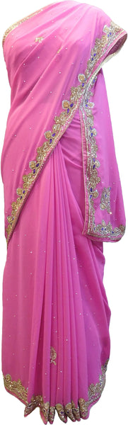 SMSAREE Pink Designer Wedding Partywear Georgette CutdanaThread & Stone Hand Embroidery Work Bridal Saree Sari With Blouse Piece F051