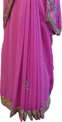 SMSAREE Pink Designer Wedding Partywear Georgette CutdanaThread & Stone Hand Embroidery Work Bridal Saree Sari With Blouse Piece F051