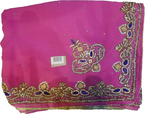 SMSAREE Pink Designer Wedding Partywear Georgette CutdanaThread & Stone Hand Embroidery Work Bridal Saree Sari With Blouse Piece F051