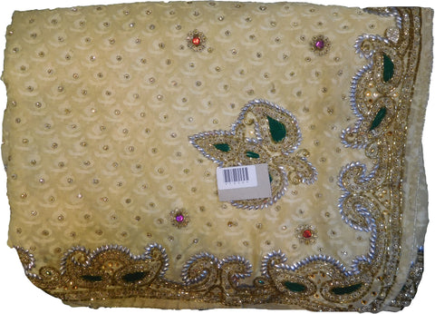 SMSAREE Cream Designer Wedding Partywear Brasso CutdanaThread & Stone Hand Embroidery Work Bridal Saree Sari With Blouse Piece F052