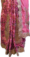 SMSAREE Pink Designer Wedding Partywear Georgette & Brasso Cutdana Zari & Stone Hand Embroidery Work Bridal Saree Sari With Blouse Piece F054