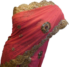 SMSAREE Pink Designer Wedding Partywear Georgette & Brasso Cutdana Zari & Stone Hand Embroidery Work Bridal Saree Sari With Blouse Piece F054