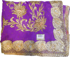 SMSAREE Purple & Cream Designer Wedding Partywear Georgette & Brasso Cutdana Zari & Stone Hand Embroidery Work Bridal Saree Sari With Blouse Piece F055