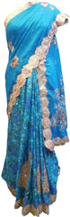 SMSAREE Blue Designer Wedding Partywear Georgette & Brasso Cutdana Zari & Stone Hand Embroidery Work Bridal Saree Sari With Blouse Piece F057