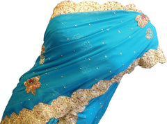SMSAREE Blue Designer Wedding Partywear Georgette & Brasso Cutdana Zari & Stone Hand Embroidery Work Bridal Saree Sari With Blouse Piece F057
